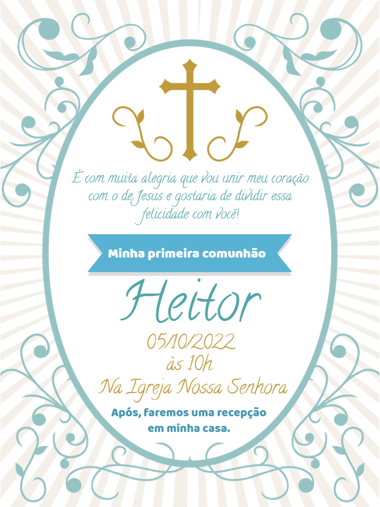 Convite Primeira Comunhão Menino Azul e Dourado para Editar Convite Primeira Comunhão Menino Azul e Dourado para Editar