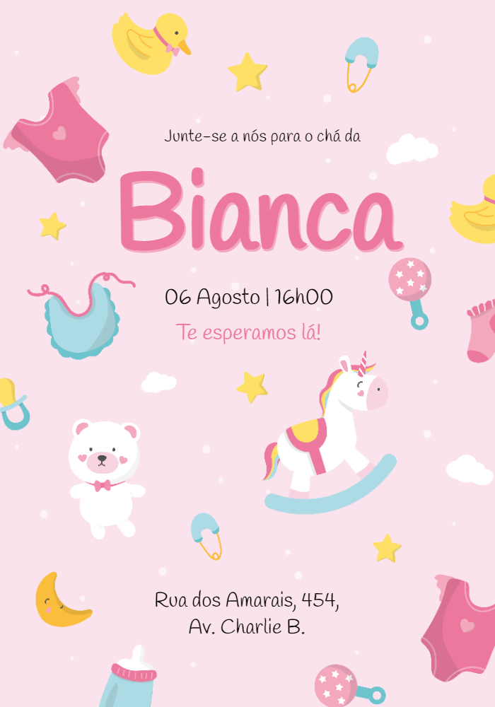 Convite Chá de Bebê Menina Rosa com Brinquedos para Editar Convite Chá de Bebê Menina Rosa com Brinquedos para Editar