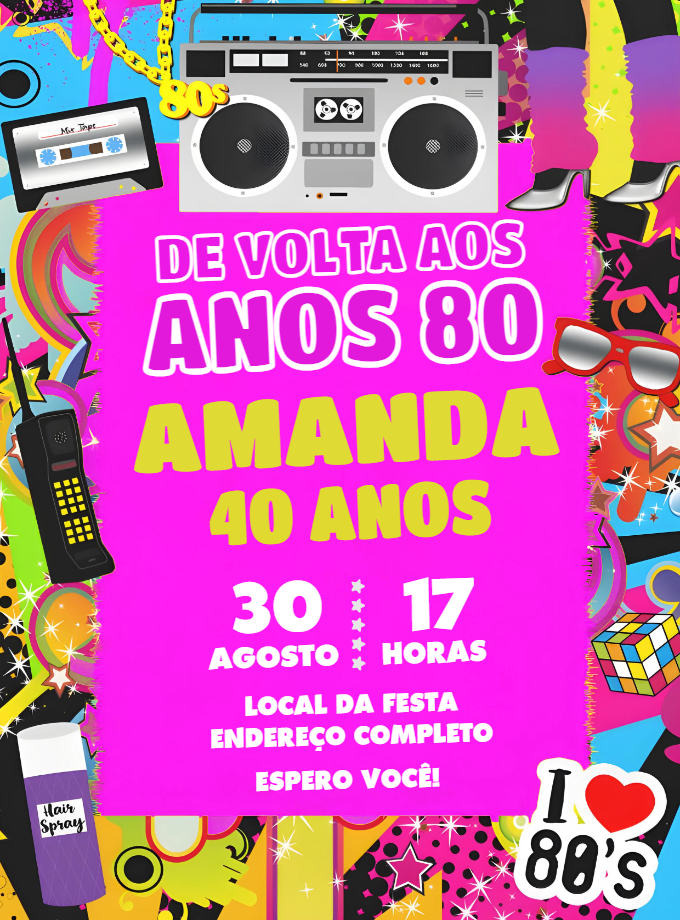 Convite Aniversário Anos 80 Retrô para Editar Online Convite Aniversário Anos 80 Retrô para Editar Online