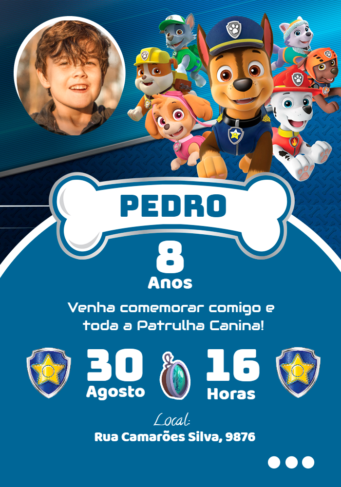 Convite de Aniversário Patrulha Canina com Foto para Editar Convite de Aniversário Patrulha Canina com Foto para Editar