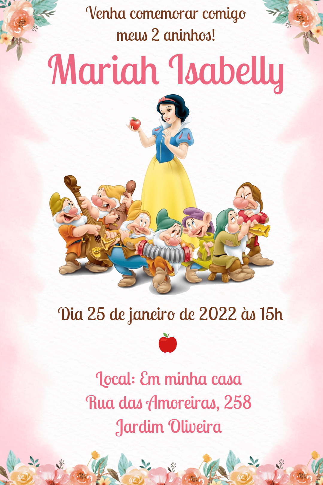 Convite de Aniversário Branca de Neve para Editar Online Convite de Aniversário Branca de Neve para Editar Online
