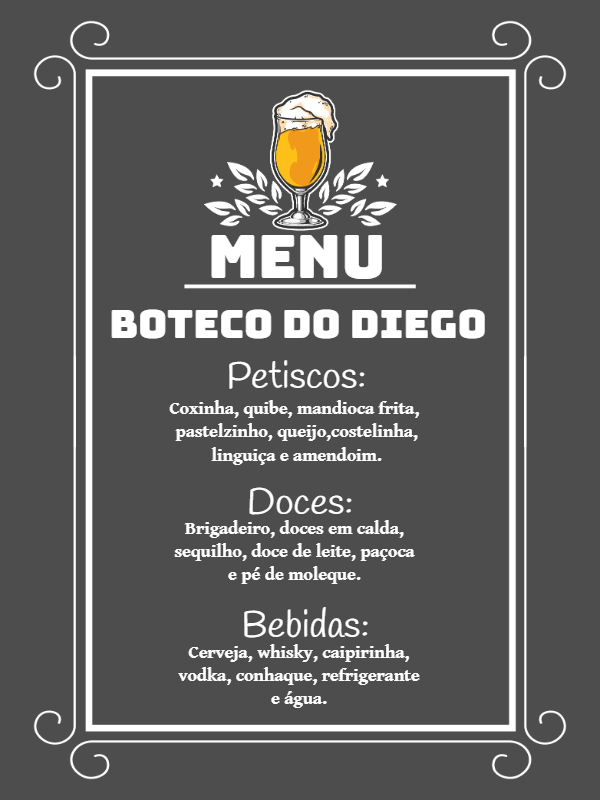 Cardápio Editável Online para Aniversário Tema Boteco Cardápio Editável Online para Aniversário Tema Boteco