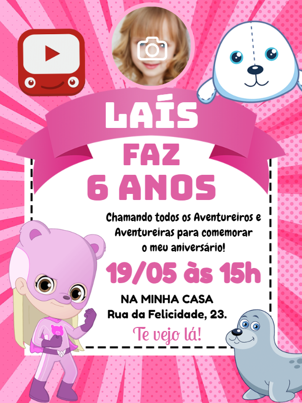 Convite Aniversário Aventureira Rosa com Foto para Editar Online Convite Aniversário Aventureira Rosa com Foto para Editar Online