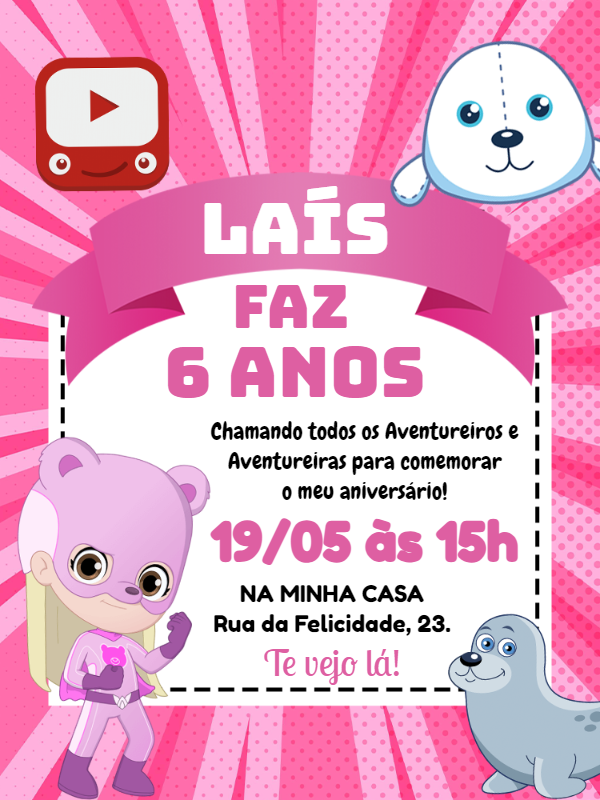 Convite Aniversário Aventureira Rosa para Editar Online Convite Aniversário Aventureira Rosa para Editar Online