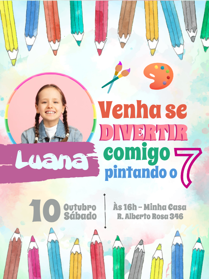 Convite Aniversário Pintando o 7 com Foto para Editar Online
