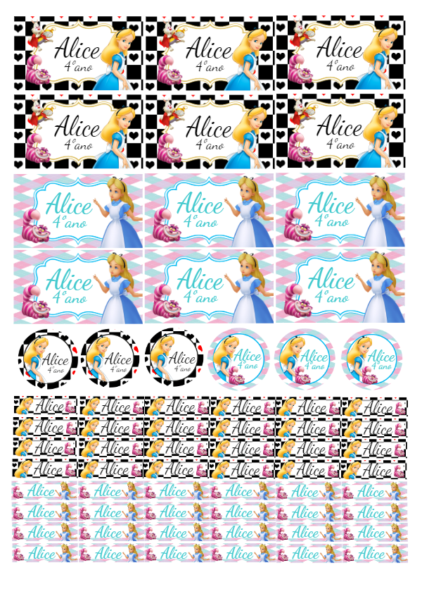 Kit de Etiquetas Escolares Alice no País das Maravilhas para Editar Kit de Etiquetas Escolares Alice no País das Maravilhas para Editar