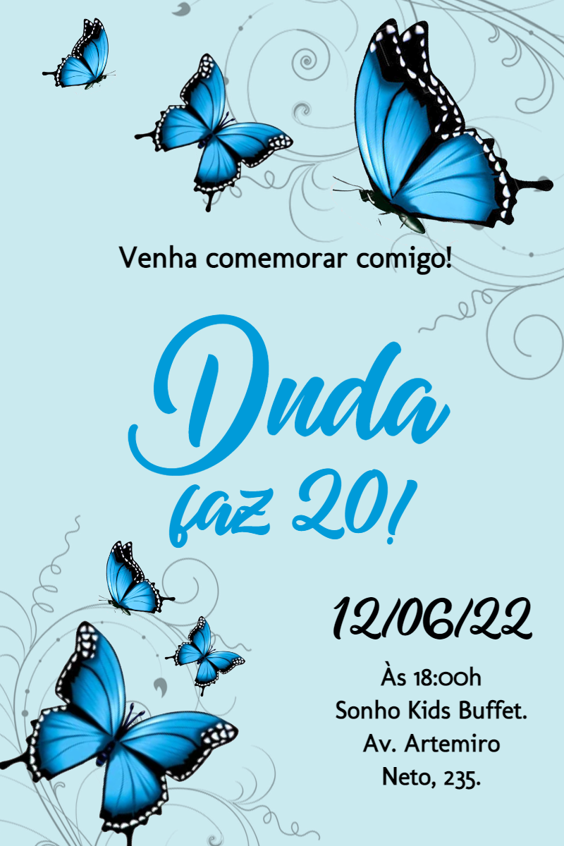 Convite de Aniversário Borboleta Azul para Editar Online Convite de Aniversário Borboleta Azul para Editar Online