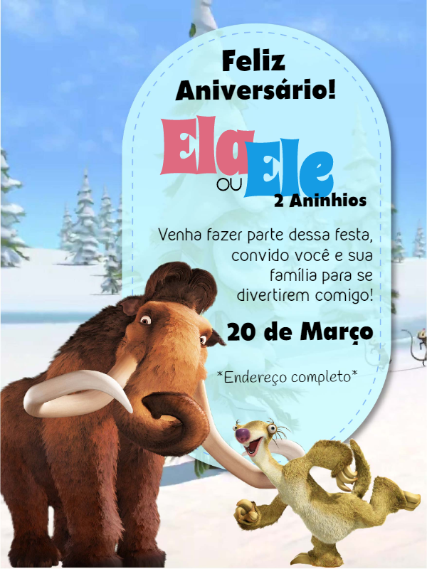 Convite de Aniversário A Era do Gelo com Personagens para Editar Convite de Aniversário A Era do Gelo com Personagens para Editar