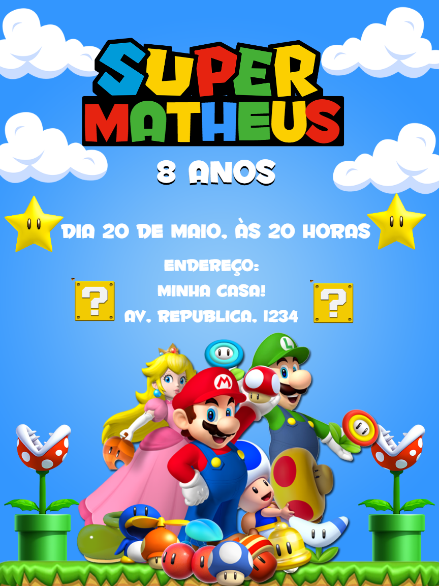 Convite de Aniversário Super Mario Bros para Editar Online Convite de Aniversário Super Mario Bros para Editar Online
