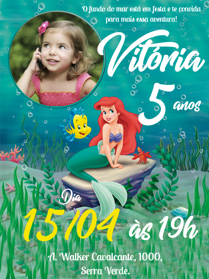 Convite Aniversário Pequena Sereia com Foto para Editar Convite Aniversário Pequena Sereia com Foto para Editar