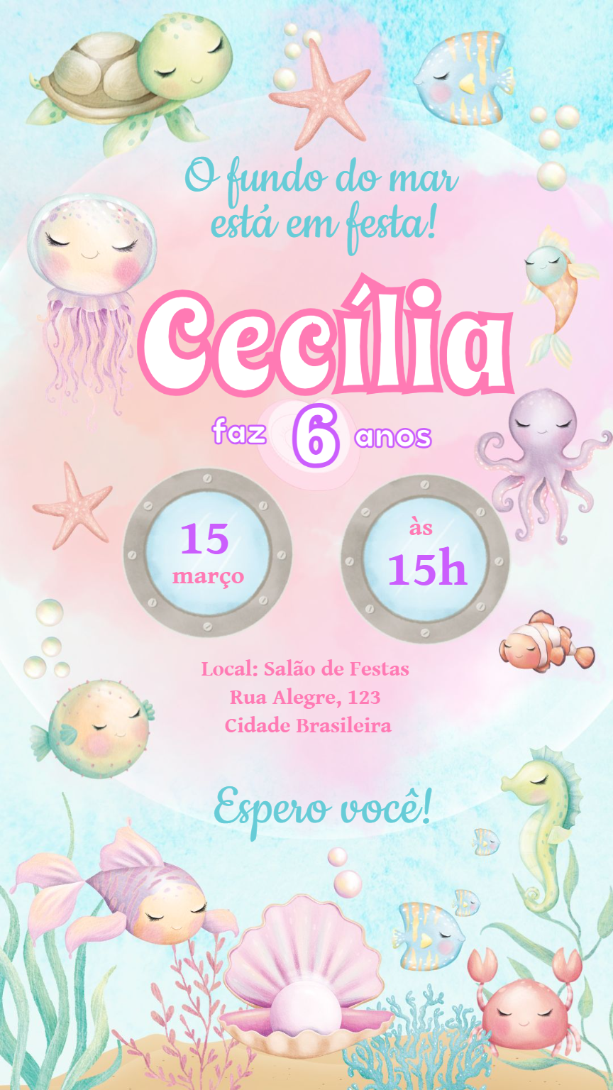 Convite de Aniversário Fundo do Mar para Editar Online Convite de Aniversário Fundo do Mar para Editar Online