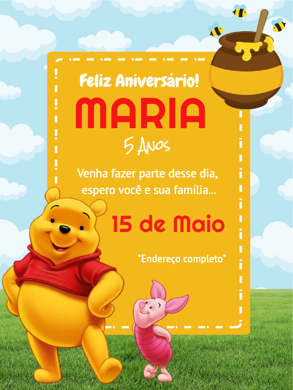 Convite de Aniversário Ursinho Pooh para Editar Online