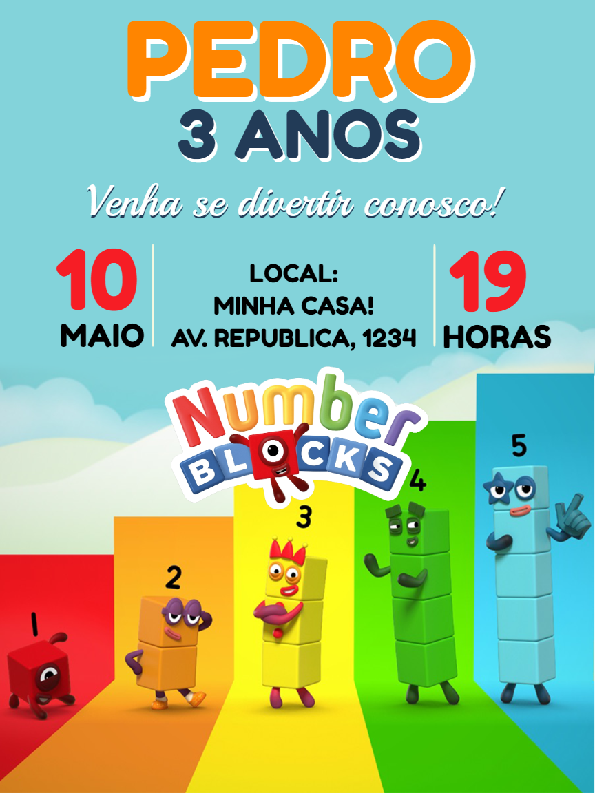 Convite de Aniversário Numberblocks com Personagens para Editar Convite de Aniversário Numberblocks com Personagens para Editar