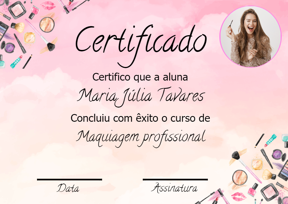 Certificado de Maquiagem Profissional com Foto para Editar Certificado de Maquiagem Profissional com Foto para Editar