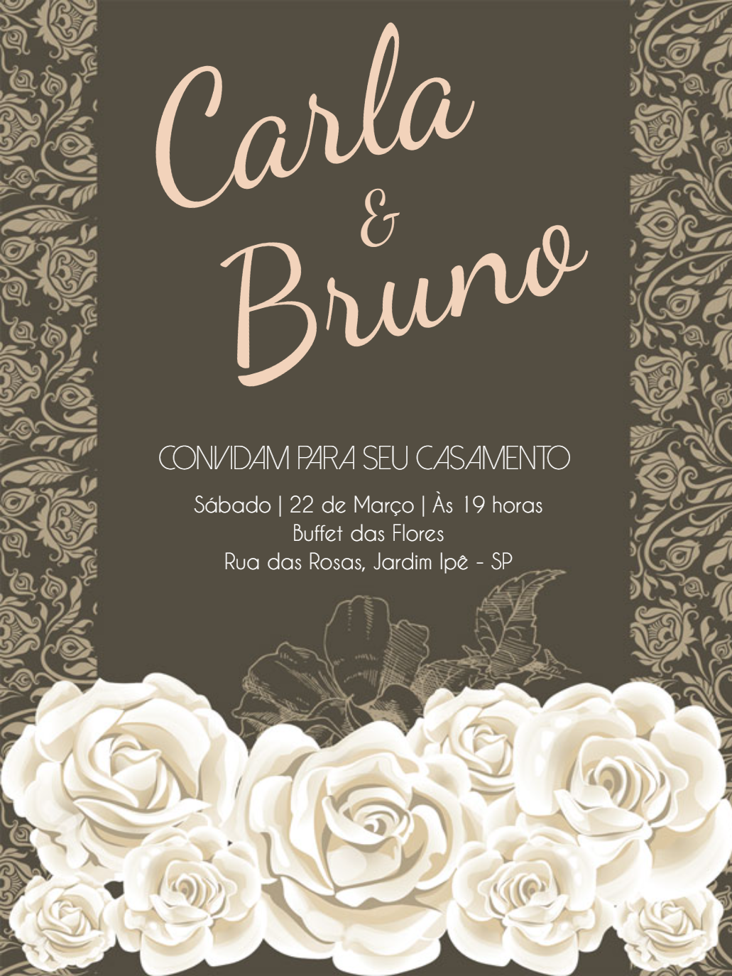 Convite de Casamento Rosas Brancas Elegante para Editar Online