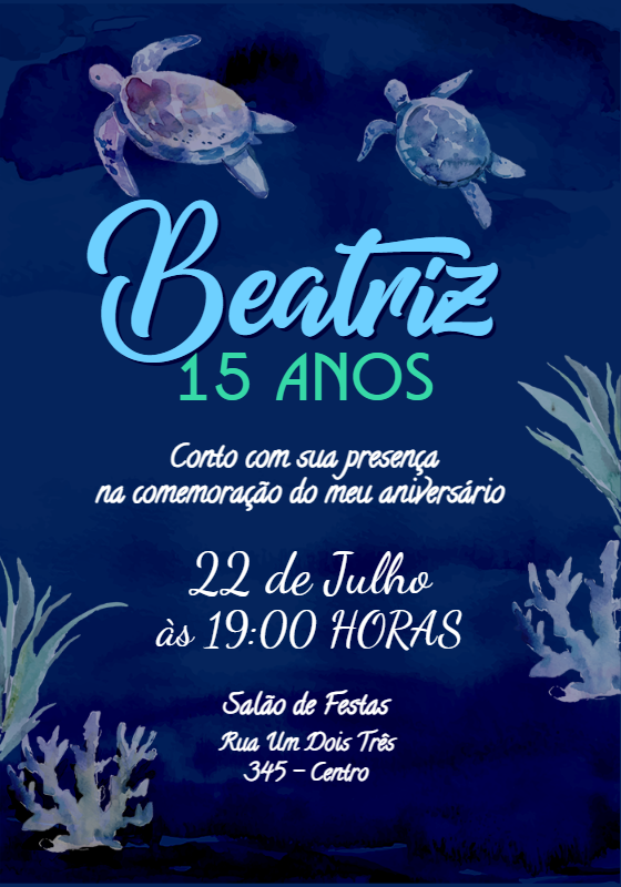 Convite 15 anos Fundo do Mar com Tartarugas para Editar Convite 15 anos Fundo do Mar com Tartarugas para Editar