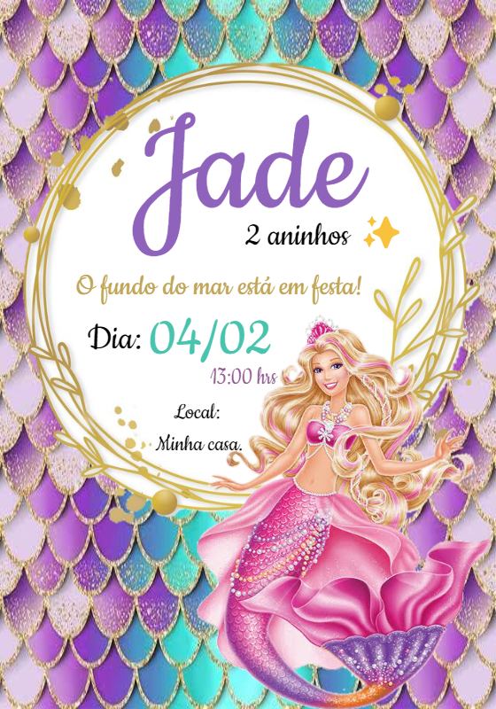 Convite Aniversário Barbie Sereia para Editar Online Convite Aniversário Barbie Sereia para Editar Online