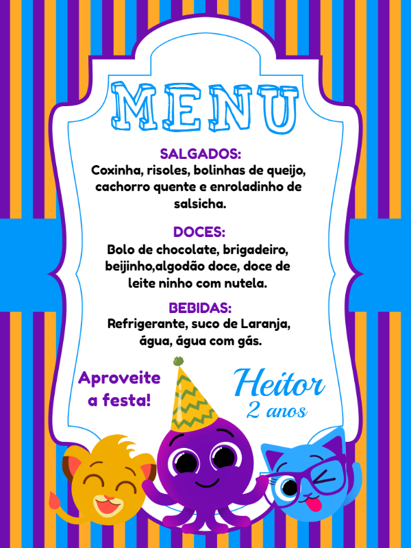 Menu de Aniversário Bolofofos para Editar Online Menu de Aniversário Bolofofos para Editar Online