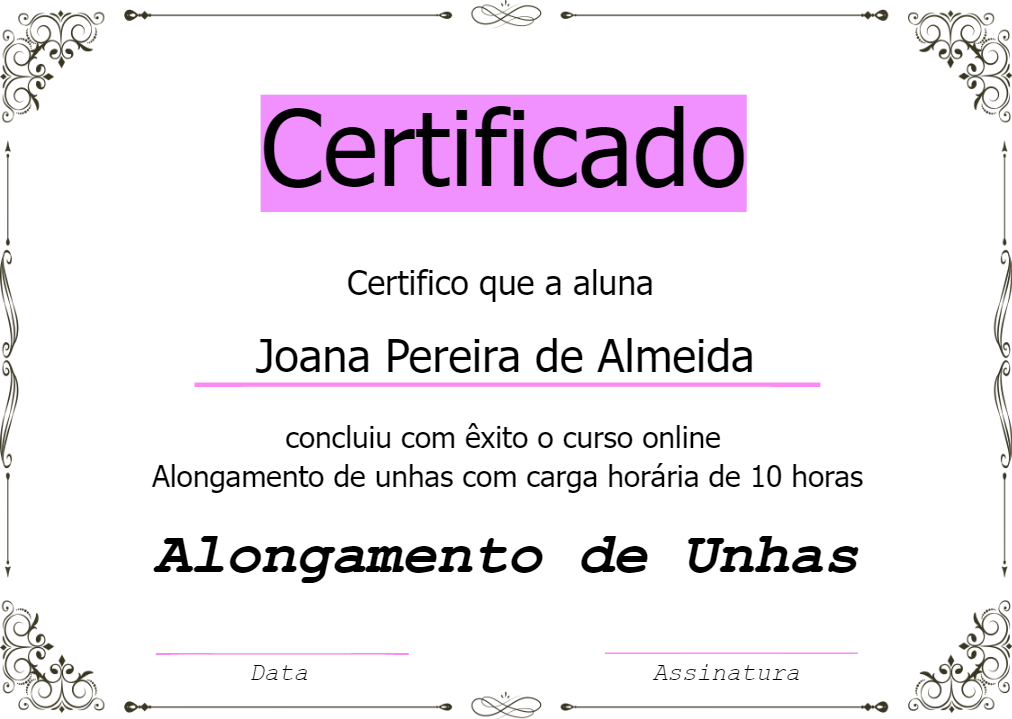 Certificado de Alongamento de Unhas para Editar Online Certificado de Alongamento de Unhas para Editar Online