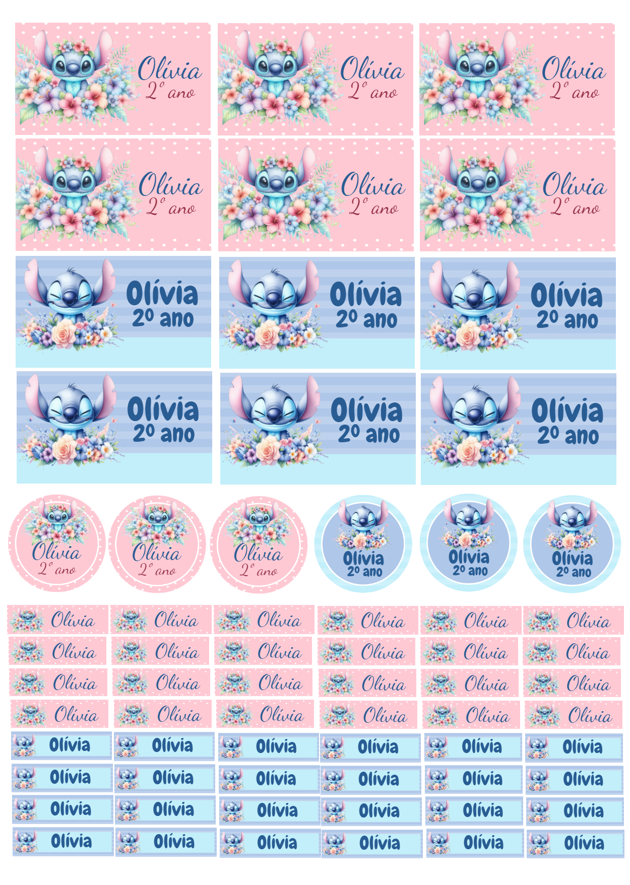 Kit de Etiquetas Escolares Stitch Floral para Editar Online Kit de Etiquetas Escolares Stitch Floral para Editar Online