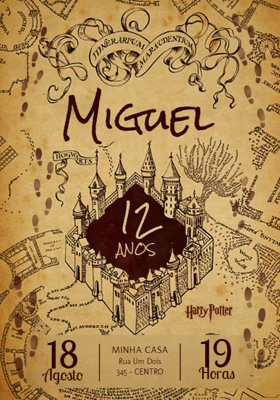 Convite Aniversário Harry Potter Mapa do Maroto para Editar Convite Aniversário Harry Potter Mapa do Maroto para Editar