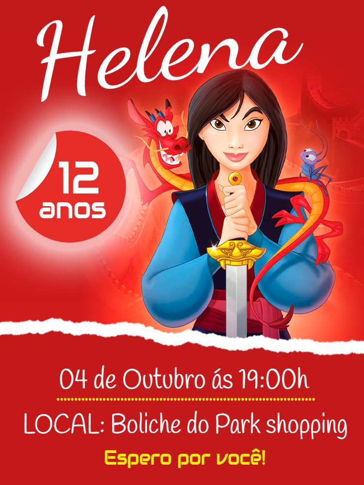 Convite de Aniversário Mulan para Editar Online Convite de Aniversário Mulan para Editar Online