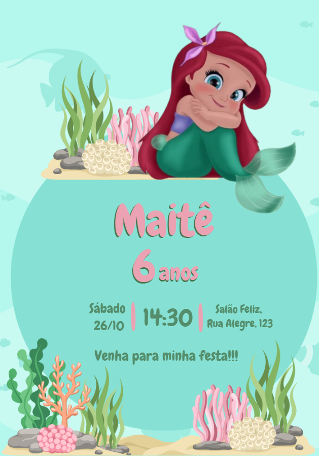 Convite de Aniversário Ariel Pequena Sereia para Editar Online Convite de Aniversário Ariel Pequena Sereia para Editar Online