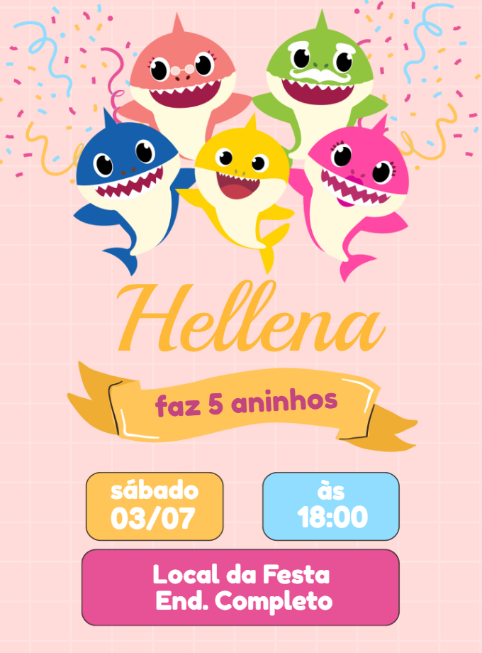 Convite Aniversário Baby Shark Menina Rosa para Editar Online Convite Aniversário Baby Shark Menina Rosa para Editar Online