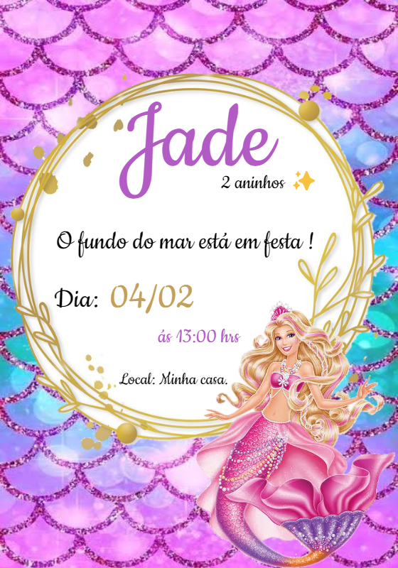 Convite Aniversário Barbie Sereia para Editar Online Convite Aniversário Barbie Sereia para Editar Online
