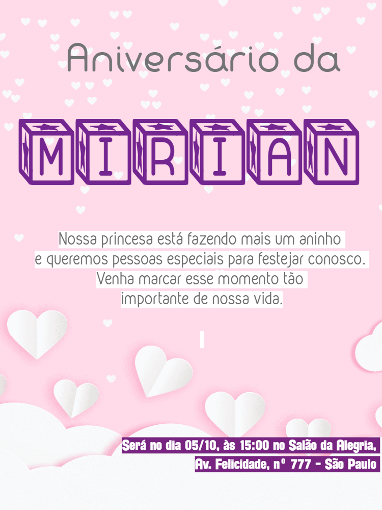 Convite de Aniversário Infantil com Blocos e Corações para Editar