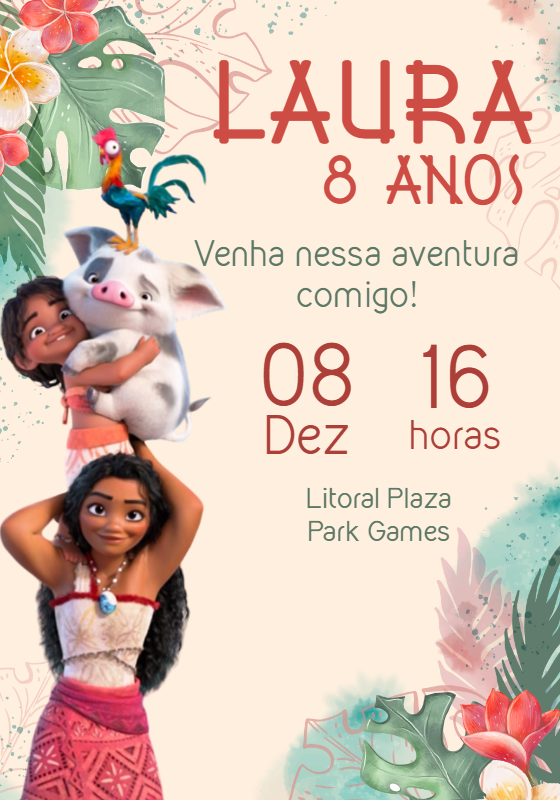 Convite de Aniversário Moana com Personagens para Editar Online