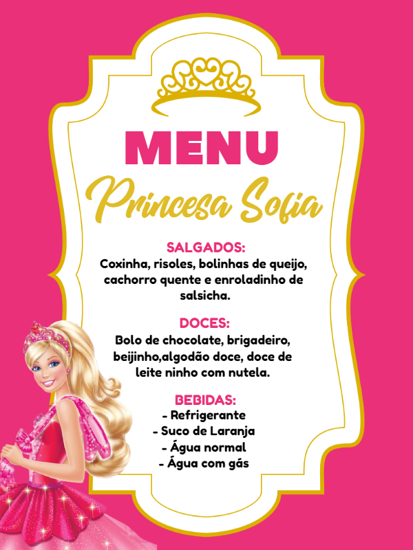 Menu de Aniversário Princesa Boneca para Editar Online Menu de Aniversário Princesa Boneca para Editar Online
