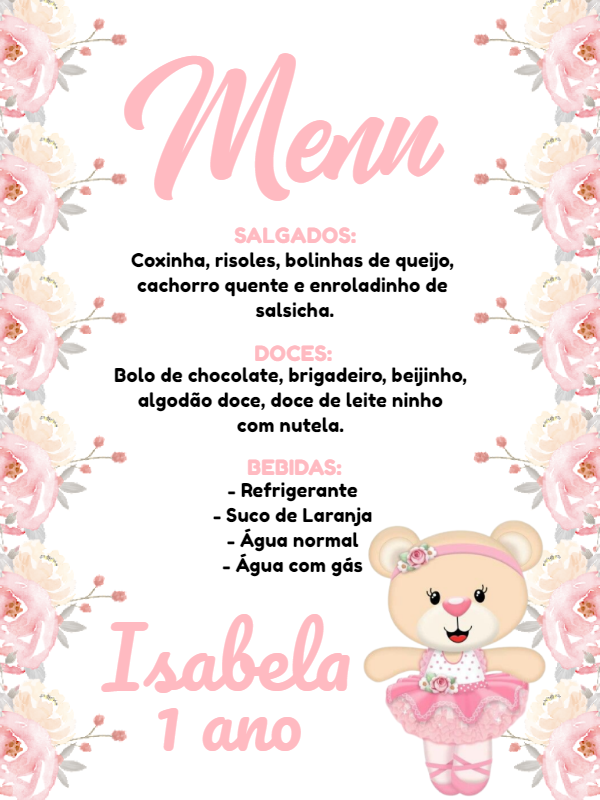 Menu de Aniversário Ursinha Bailarina para Editar Online Menu de Aniversário Ursinha Bailarina para Editar Online