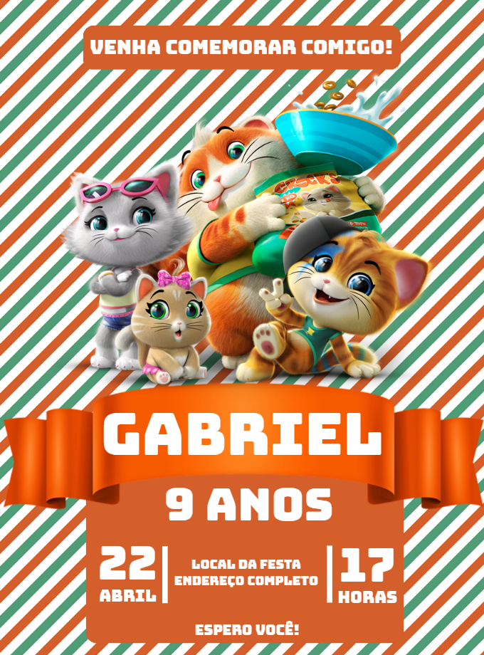Convite de Aniversário 44 Cats para Editar e Imprimir Convite de Aniversário 44 Cats para Editar e Imprimir