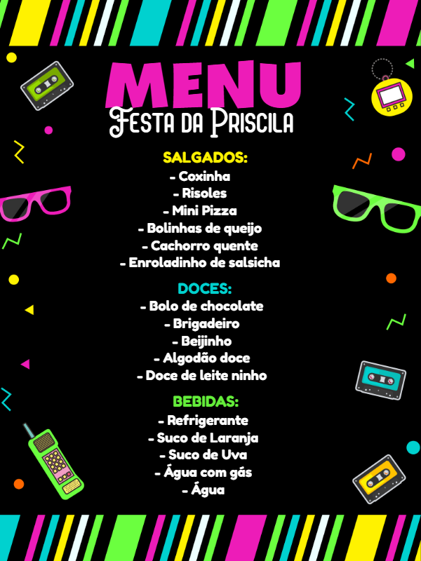 Menu de Aniversário Retrô Anos 80 Editável Online Menu de Aniversário Retrô Anos 80 Editável Online