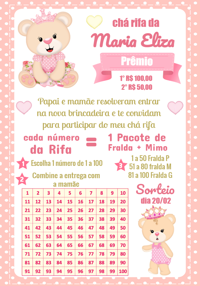 Chá Rifa de Fraldas Ursinha Princesa para Editar Online Chá Rifa de Fraldas Ursinha Princesa para Editar Online