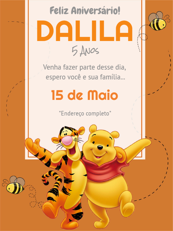 Convite Aniversário Ursinho Pooh e Tigrão para Editar Online
