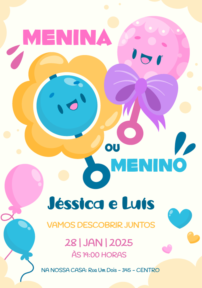 Convite Chá Revelação com Chocalhos Fofos para Editar Online Convite Chá Revelação com Chocalhos Fofos para Editar Online