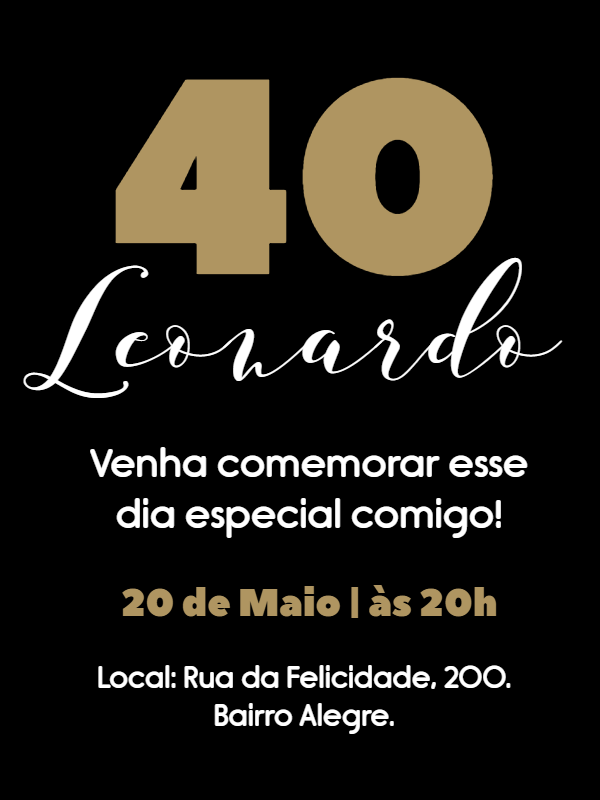 Convite Aniversário 40 Anos Masculino Elegante para Editar Convite Aniversário 40 Anos Masculino Elegante para Editar