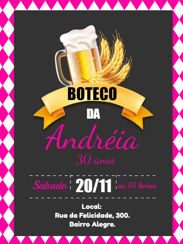Convite Aniversário Boteco Rosa com Cerveja para Editar Online Convite Aniversário Boteco Rosa com Cerveja para Editar Online