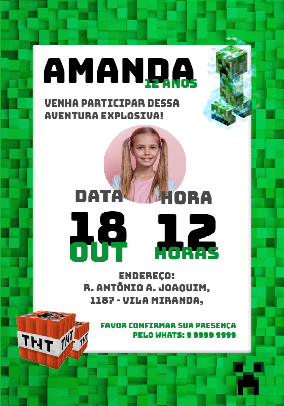 Convite Aniversário Minecraft com Foto para Editar Online Convite Aniversário Minecraft com Foto para Editar Online