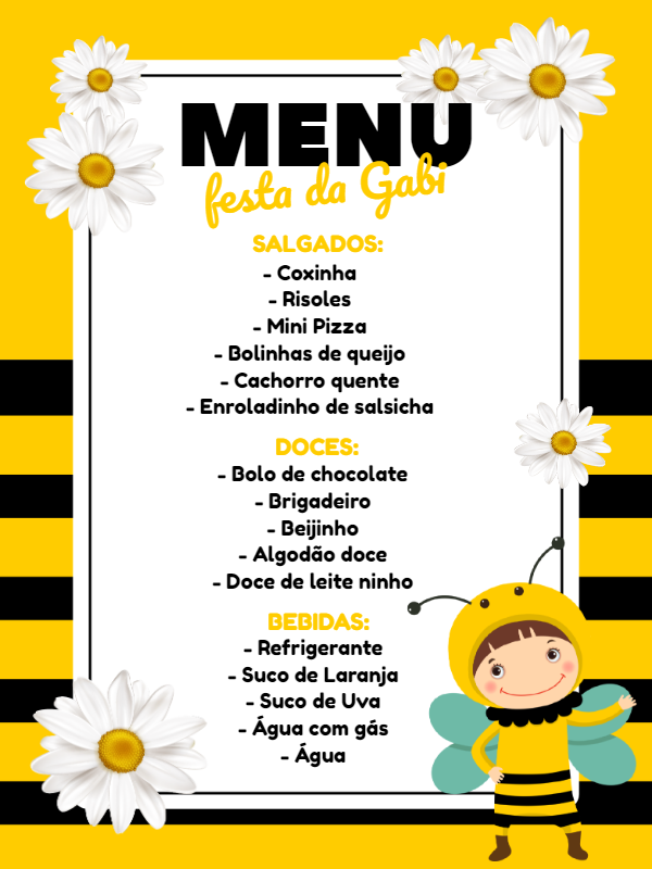 Menu de Aniversário Abelhinha para Editar Online Menu de Aniversário Abelhinha para Editar Online