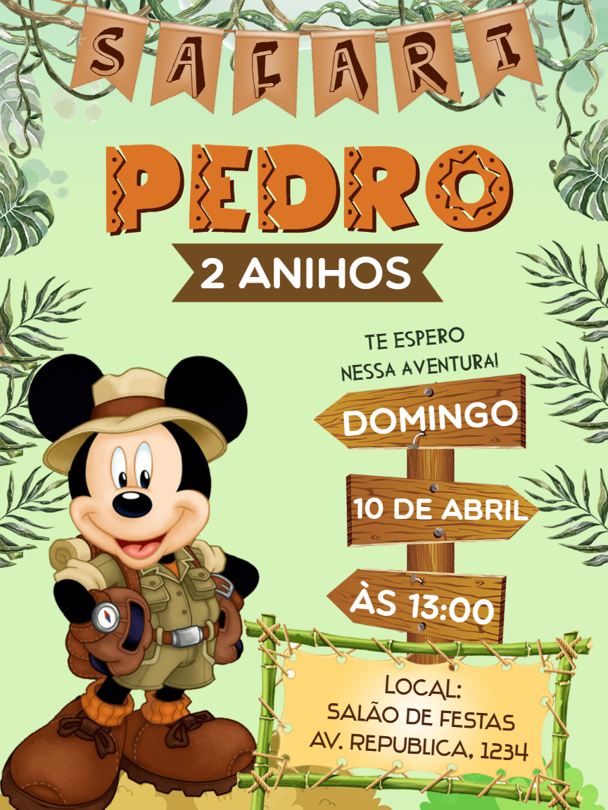 Convite Aniversário Mickey Safari para Editar Online Convite Aniversário Mickey Safari para Editar Online