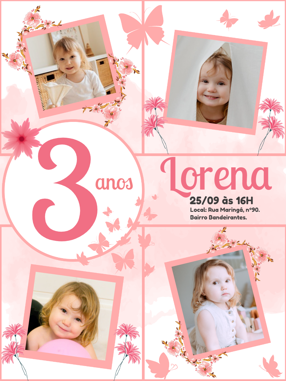 Convite Aniversário Borboletas com Fotos para Editar Online Convite Aniversário Borboletas com Fotos para Editar Online