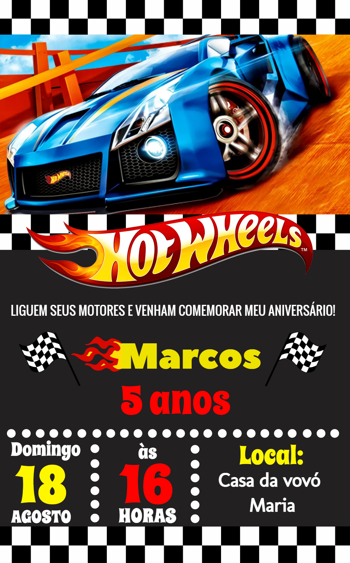 Convite de Aniversário Hot Wheels para Editar e Imprimir Convite de Aniversário Hot Wheels para Editar e Imprimir