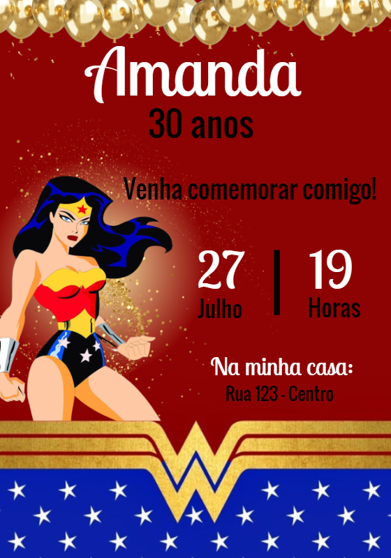 Convite Aniversário Mulher Maravilha para Editar Online Convite Aniversário Mulher Maravilha para Editar Online