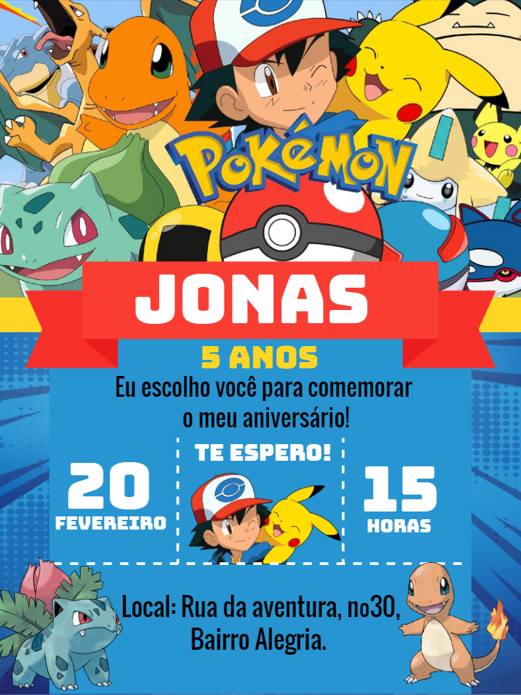 Convite de Aniversário Pokémon com Personagens para Editar Online Convite de Aniversário Pokémon com Personagens para Editar Online