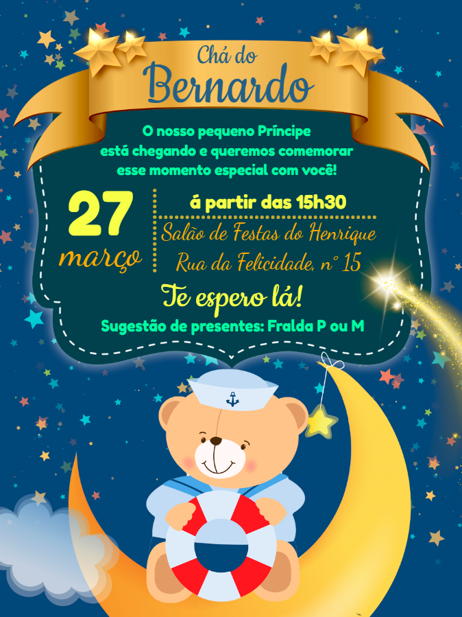 Convite Chá de Bebê Ursinho Marinheiro na Lua para Editar Online Convite Chá de Bebê Ursinho Marinheiro na Lua para Editar Online