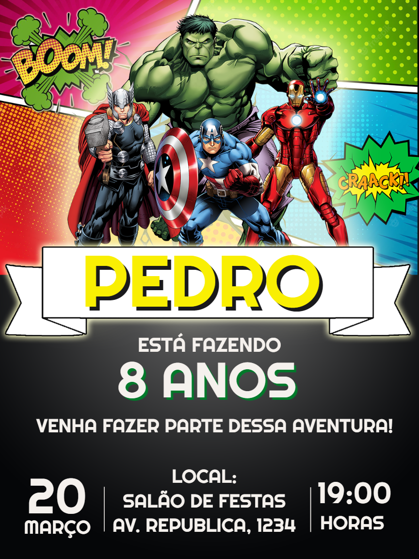 Convite de Aniversário Vingadores Super Heróis para Editar Convite de Aniversário Vingadores Super Heróis para Editar