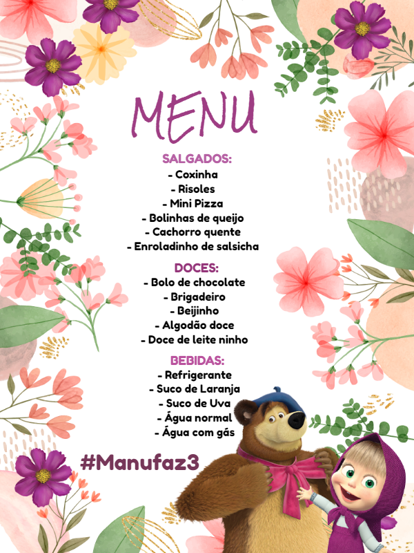 Cardápio de Aniversário Masha e o Urso para Editar Online Cardápio de Aniversário Masha e o Urso para Editar Online